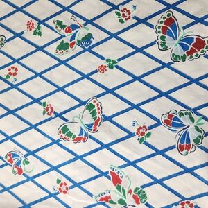 Vintage Retro Blue Red Butterfly JP Stevens TWIN Size Flat SheetIn nice shape